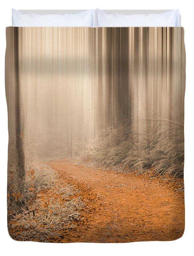 Autumn Duvet Cover featuring the photograph Path Through the Misty Woods by Don Schwartz