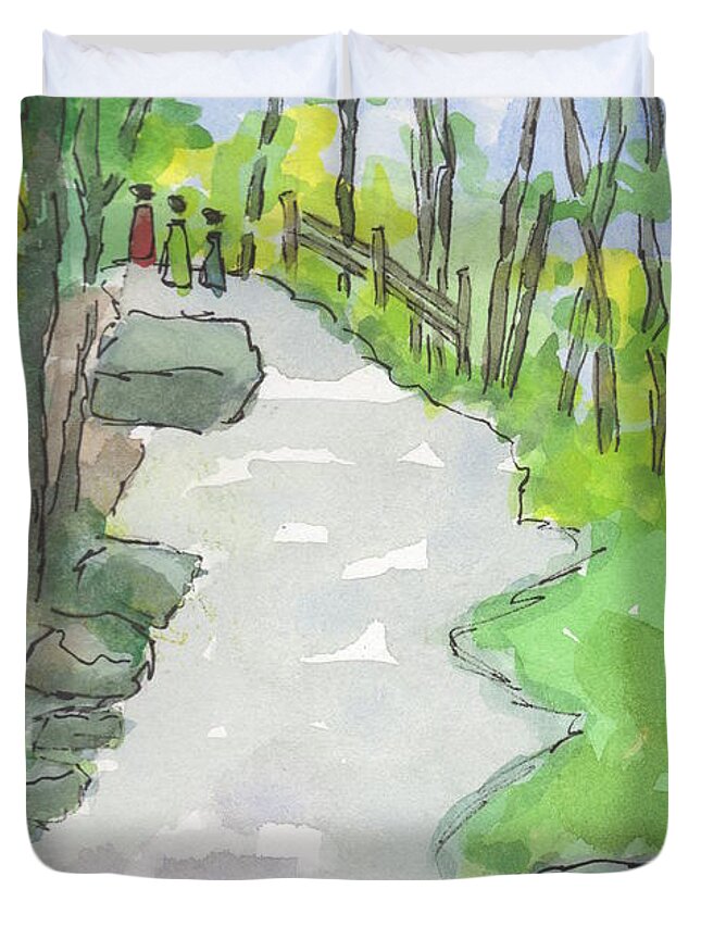 Watercolor Duvet Cover featuring the painting Path to the Falls by Marcy Brennan