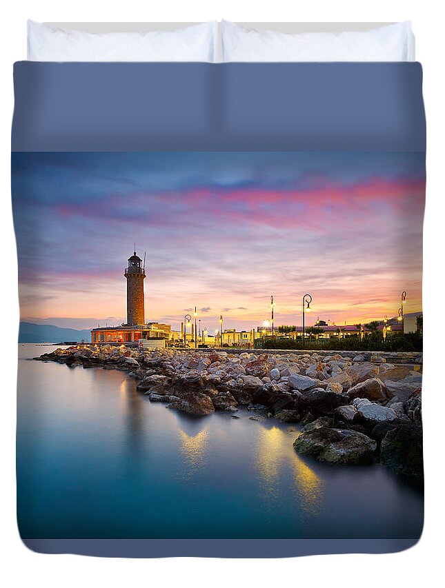 Patras Duvet Cover featuring the photograph patras lighthouse 'IV by Milan Gonda