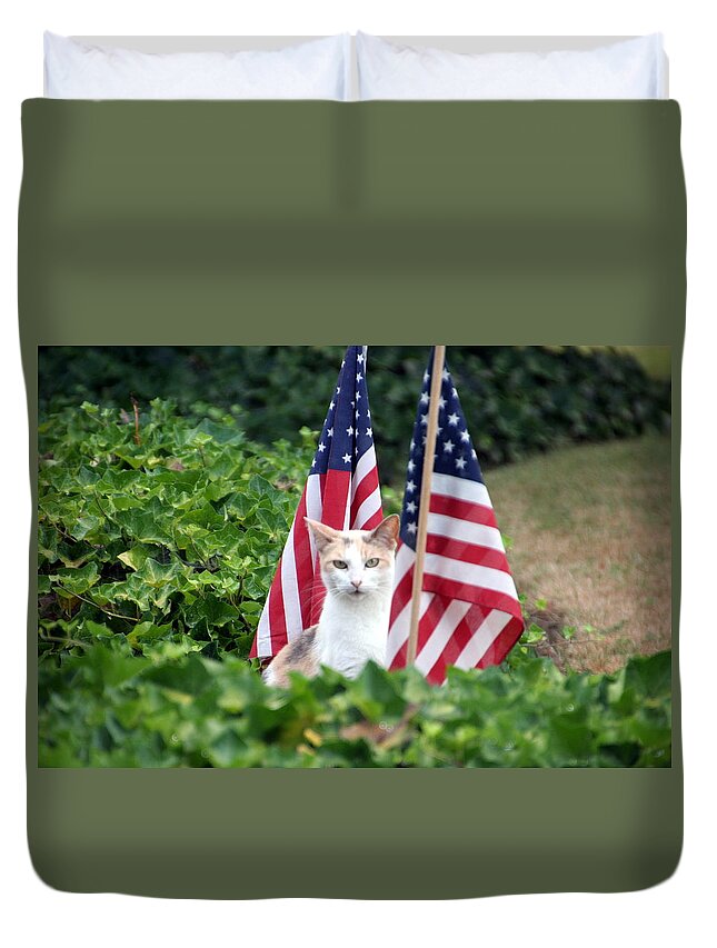 White Cat With Sandy-colored Spots Duvet Cover featuring the photograph Patriotic Cat by Valerie Collins