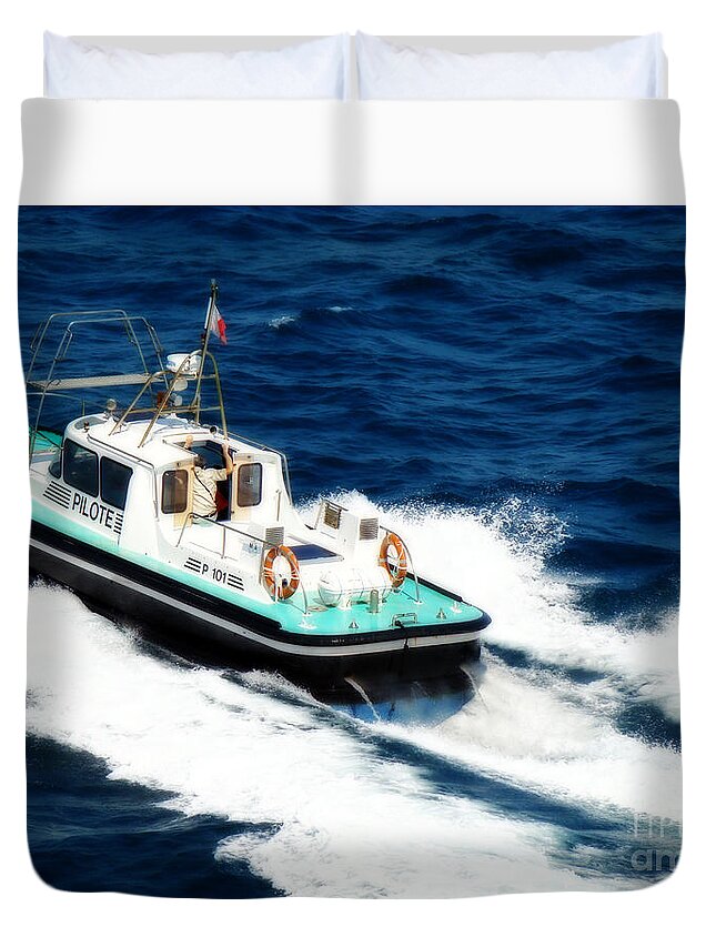 Boat Duvet Cover featuring the photograph Piloting the Waters by Sue Melvin