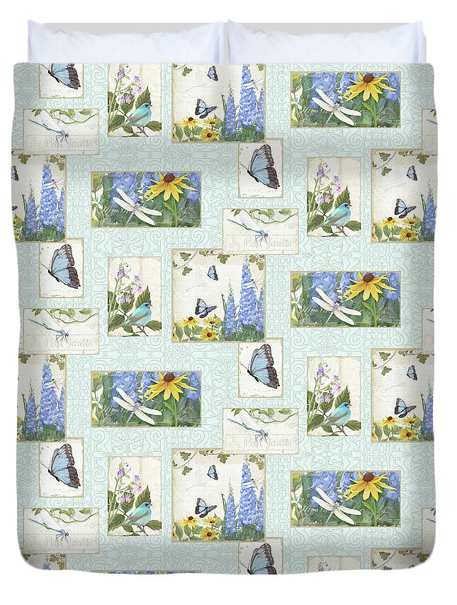 Half Drop Repeat Duvet Cover featuring the painting Pattern Butterflies Dragonflies Birds and Blue and Yellow Floral by Audrey Jeanne Roberts