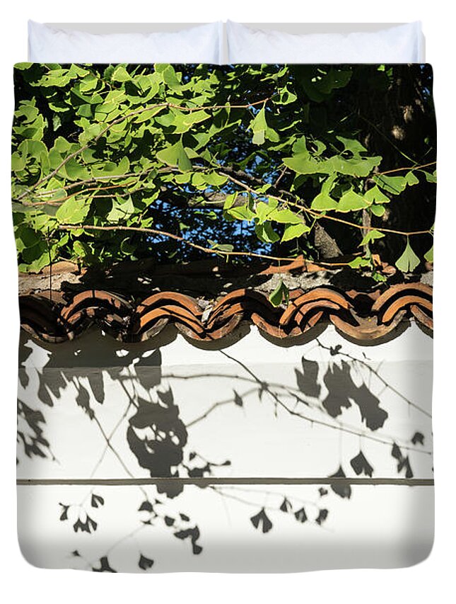 Georgia Mizuleva Duvet Cover featuring the photograph Patterned Sunshine - Ginkgo Shadows on a White Stucco Wall by Georgia Mizuleva