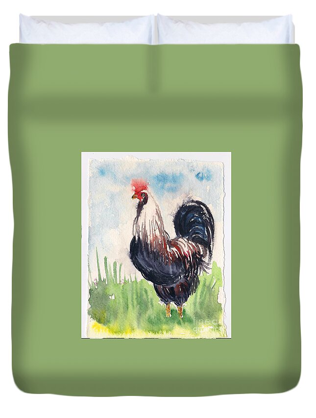Rooster Duvet Cover featuring the painting Paunchy rooster by Asha Sudhaker Shenoy
