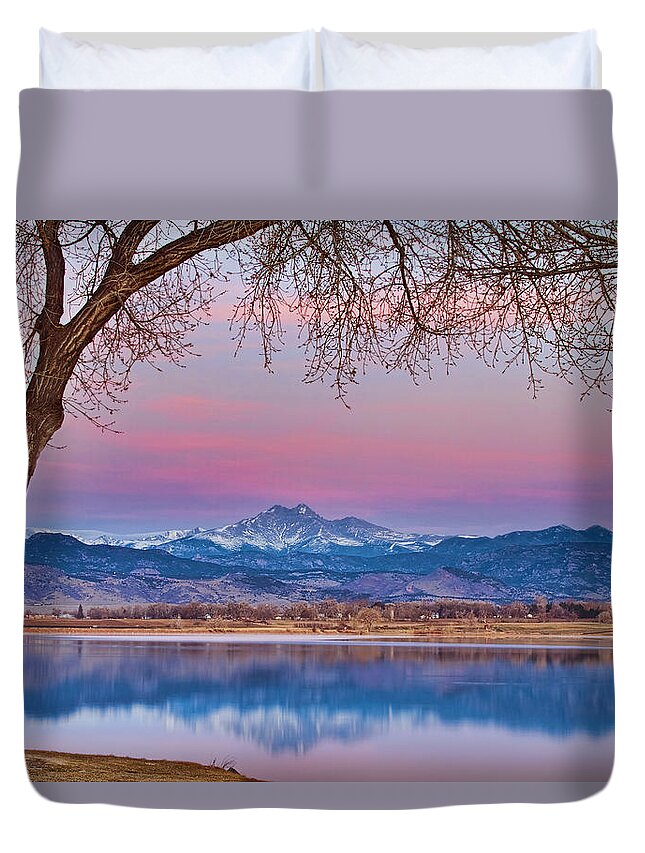 'boulder County' Duvet Cover featuring the photograph Peaceful Early Morning First Light Longs Peak View by James BO Insogna