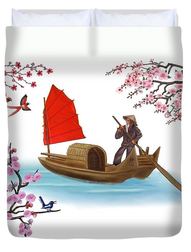Oriental Art Duvet Cover featuring the digital art Peaceful Journey by Glenn Holbrook