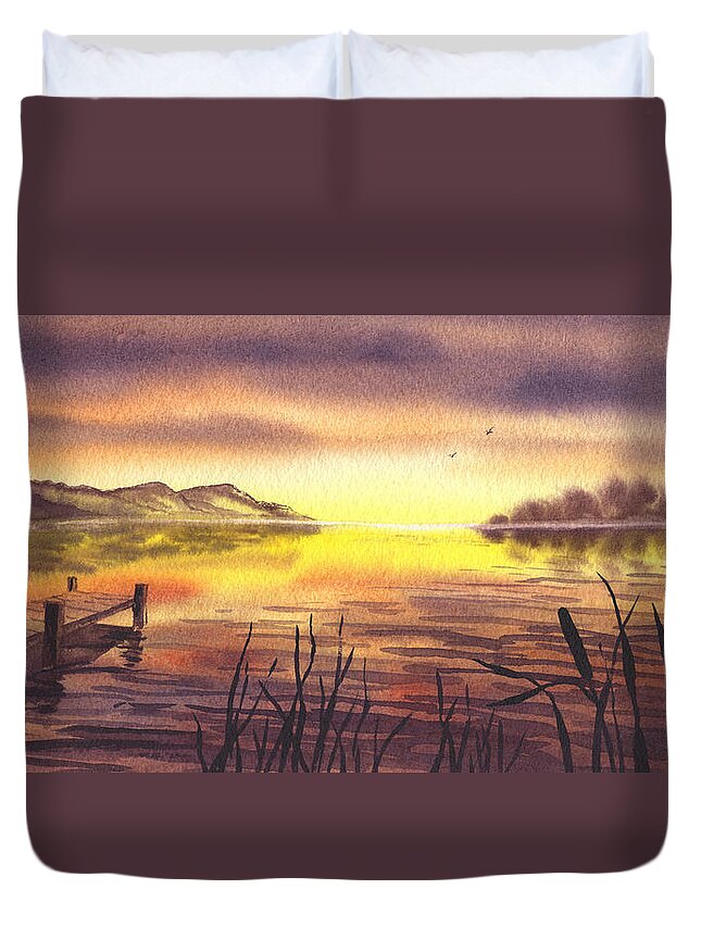 Peaceful Sunset At The Lake Duvet Cover featuring the painting Peaceful Sunset At The Lake by Irina Sztukowski