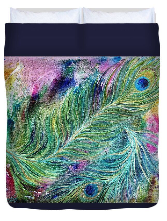 Peacock Feathers Duvet Cover featuring the painting Peacock Feathers Bright by Denise Hoag