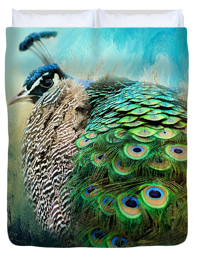 Jai Johnson Duvet Cover featuring the photograph Peacock In Winter by Jai Johnson