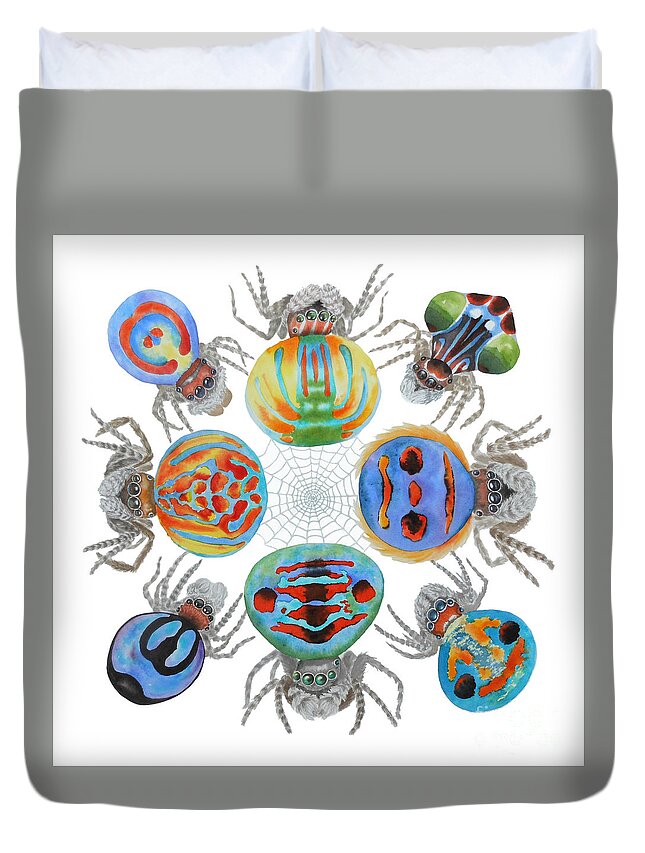 Peacock Spider Duvet Cover featuring the painting Toxic Tango II Peacock Spiders by Lucy Arnold