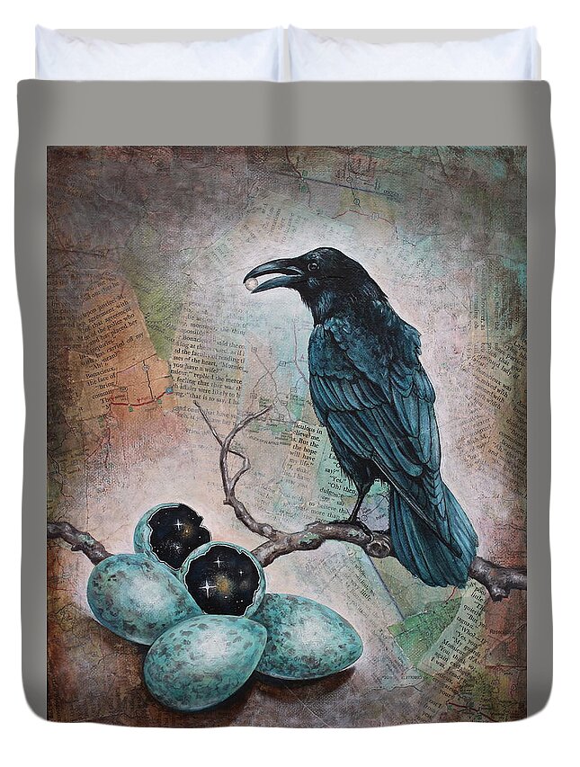Raven Duvet Cover featuring the mixed media Pearl of Wisdom by Sheri Howe