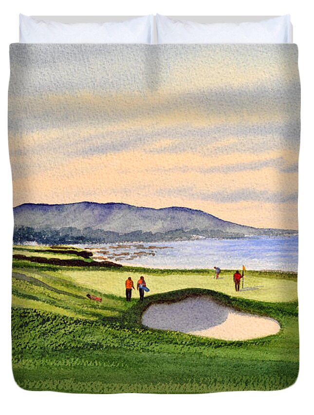 Golf Duvet Cover featuring the painting Pebble Beach Golf Course 9th Green by Bill Holkham