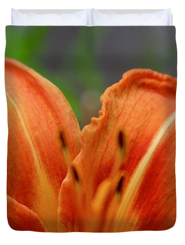 Photograph Duvet Cover featuring the photograph Peek A Bloom Of An Orange Lily by M E