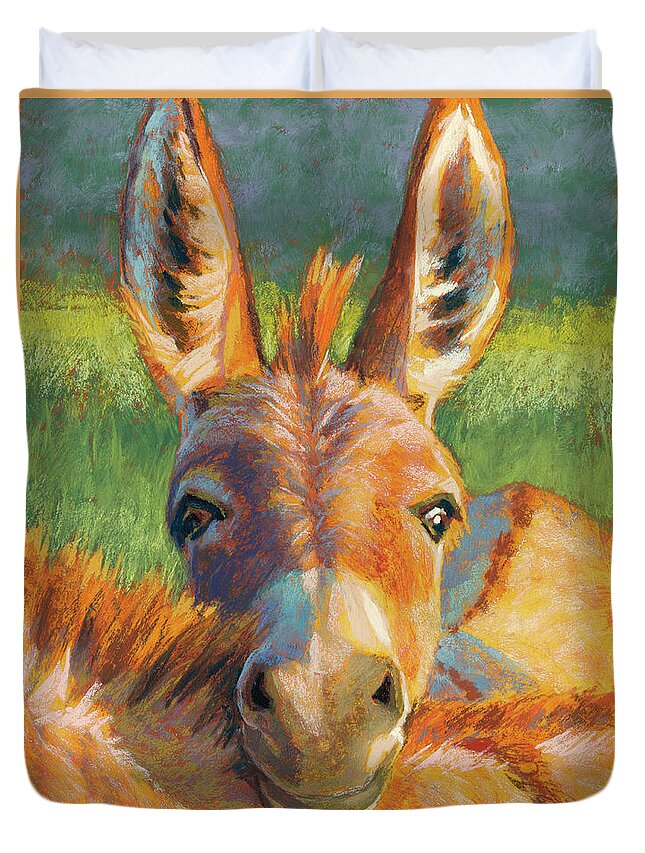 Donkey Duvet Cover featuring the pastel Peek-A-Burro by Rita Kirkman