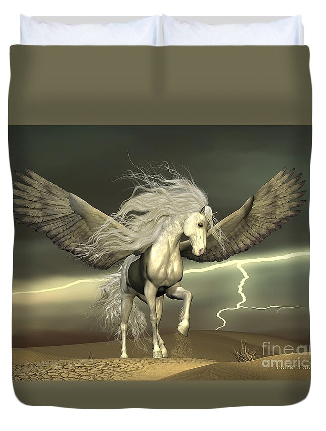 Pegasus Duvet Cover featuring the painting Pegasus and Dark Skies by Corey Ford