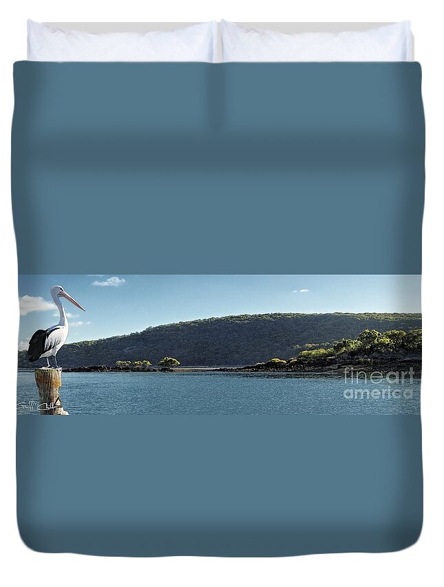 Pelican Duvet Cover featuring the photograph Pelican Lookout by Geoff Childs