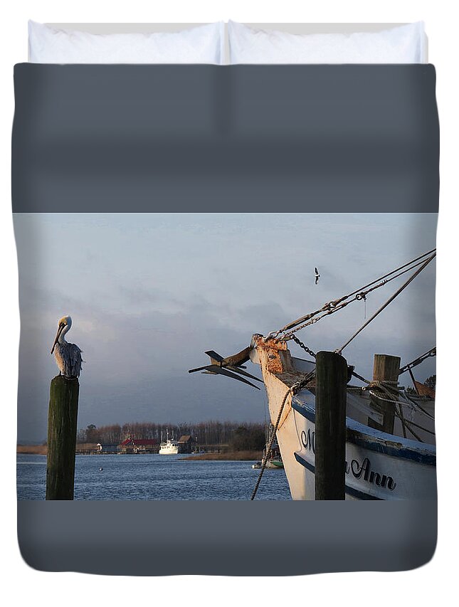 Birds Duvet Cover featuring the photograph Pelican Morning Harbor by Deborah Smith