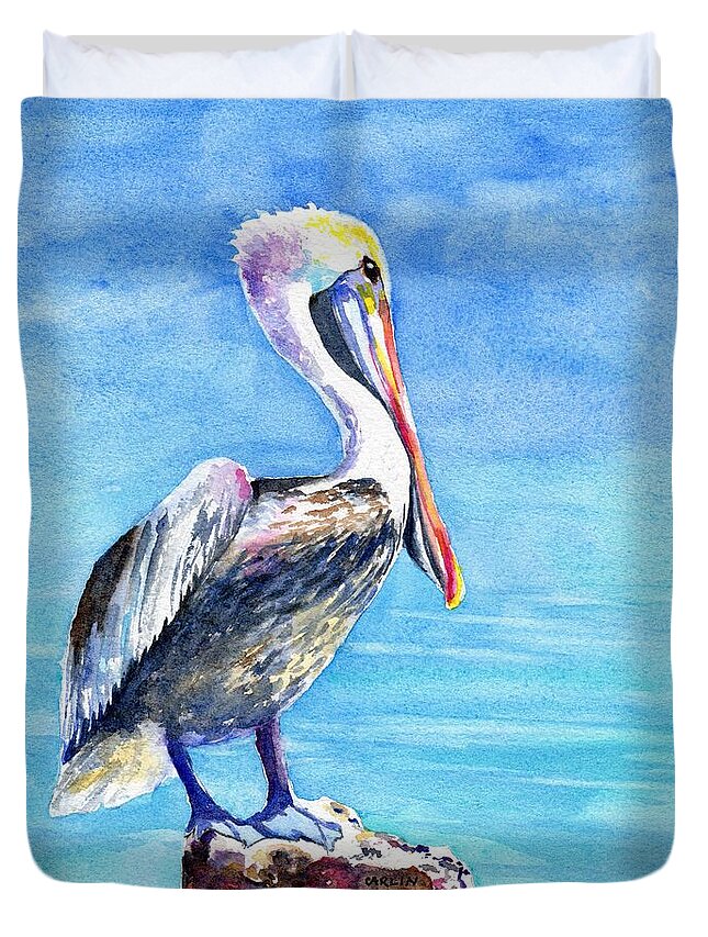 Pelican Duvet Cover featuring the painting Pelican on a Post by Carlin Blahnik CarlinArtWatercolor