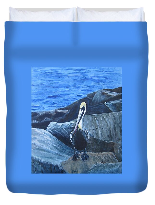 Pelican Duvet Cover featuring the painting Pelican On The Rocks by Paula Pagliughi