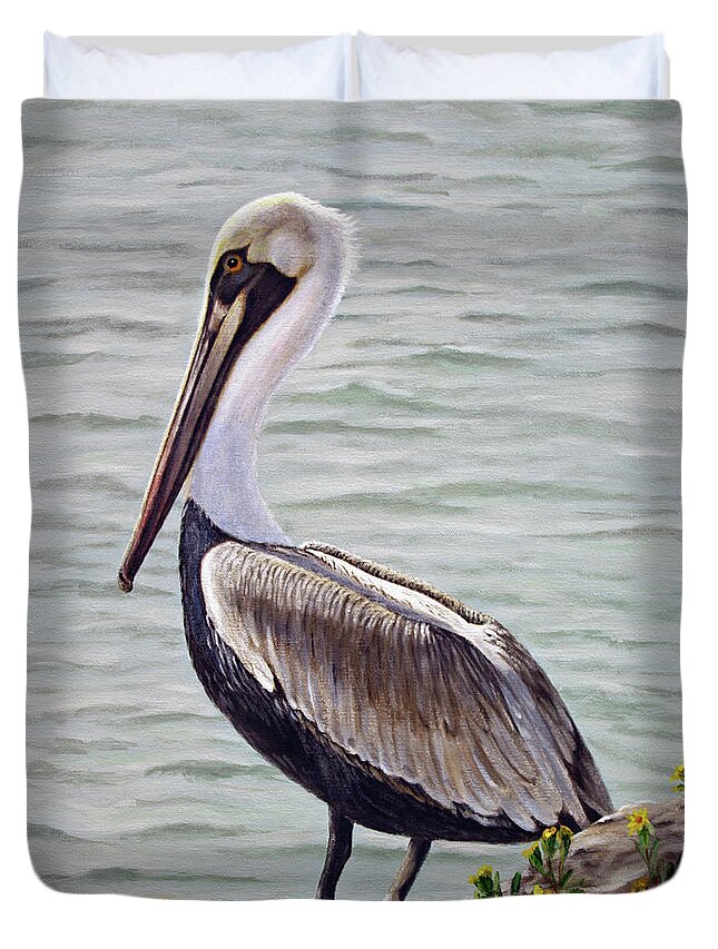 Pelican Duvet Cover featuring the painting Pelican on the Waterway by Jimmie Bartlett