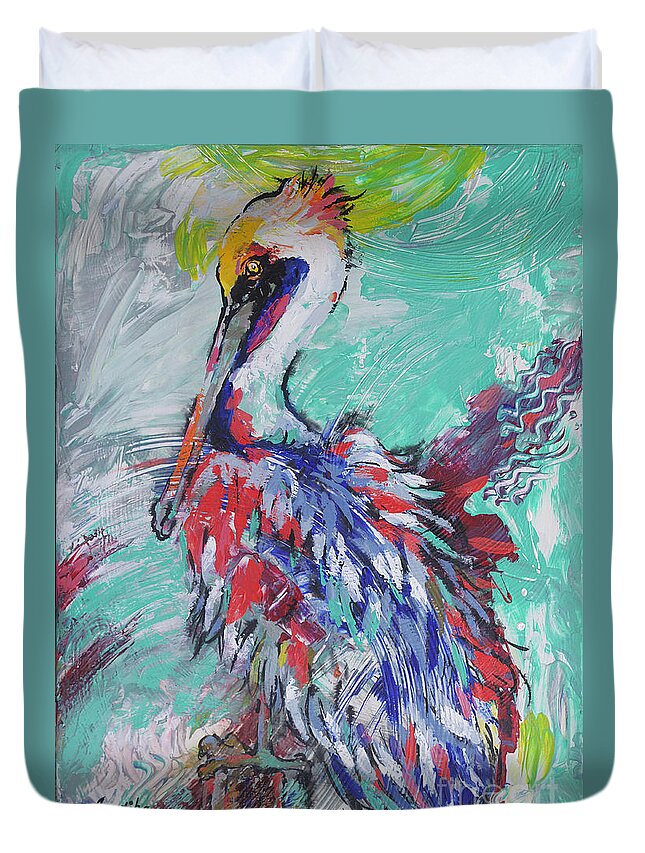 Pelican Duvet Cover featuring the painting Pelican Perch by Jyotika Shroff