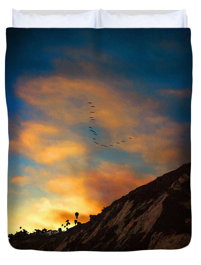 Pelicans Duvet Cover featuring the photograph Pelicans at Arroyo Burro by Timothy Bulone