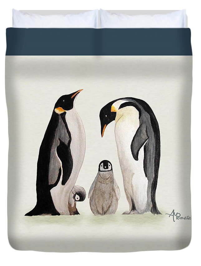 Emperor Penguin Duvet Cover featuring the painting Penguin Family Watercolor by Angeles M Pomata
