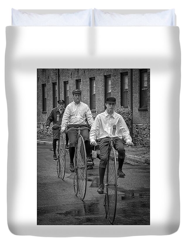 Massachusetts Duvet Cover featuring the photograph Penny Farthing Bikes BW by Rick Mosher