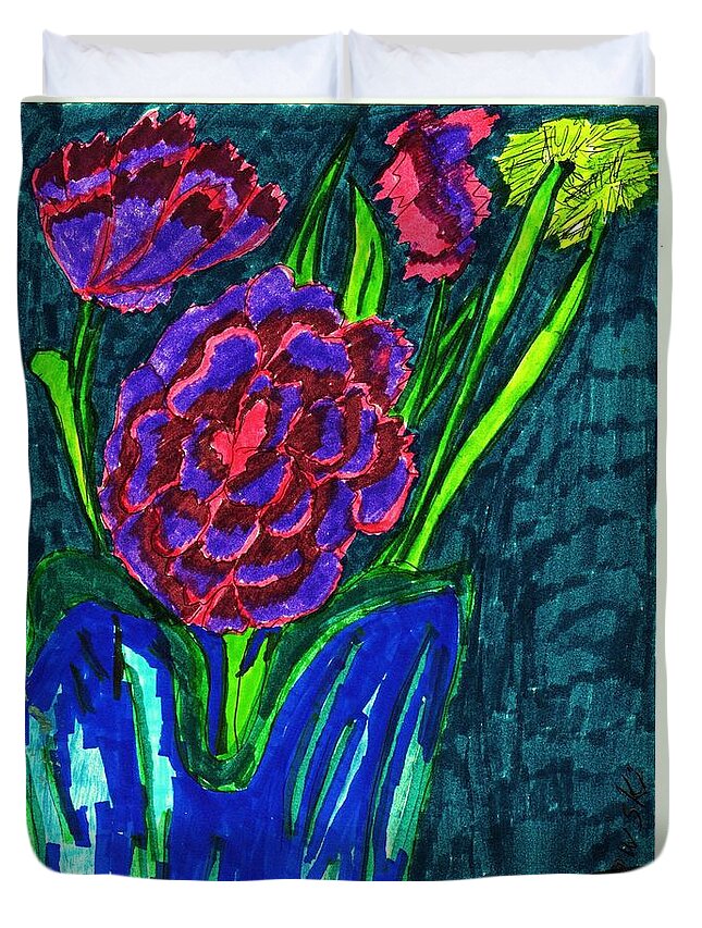 A Bouquet Of Pink Purple And Red Peonies In A Blue Vase Duvet Cover featuring the mixed media Peonies in a Glass Vase by Elinor Helen Rakowski