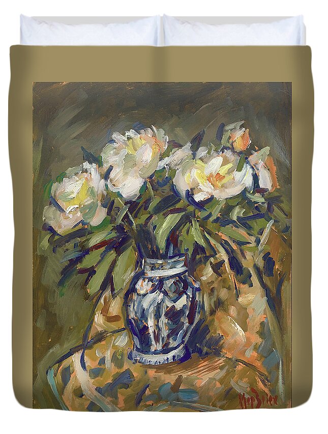 Oil Duvet Cover featuring the painting Peonies in Delft Blue vase on quilt by Nop Briex