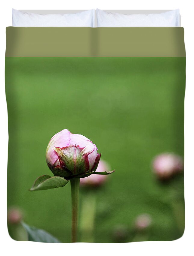 Pink Peony Duvet Cover featuring the photograph Peony Bud on Greenery by Brooke T Ryan