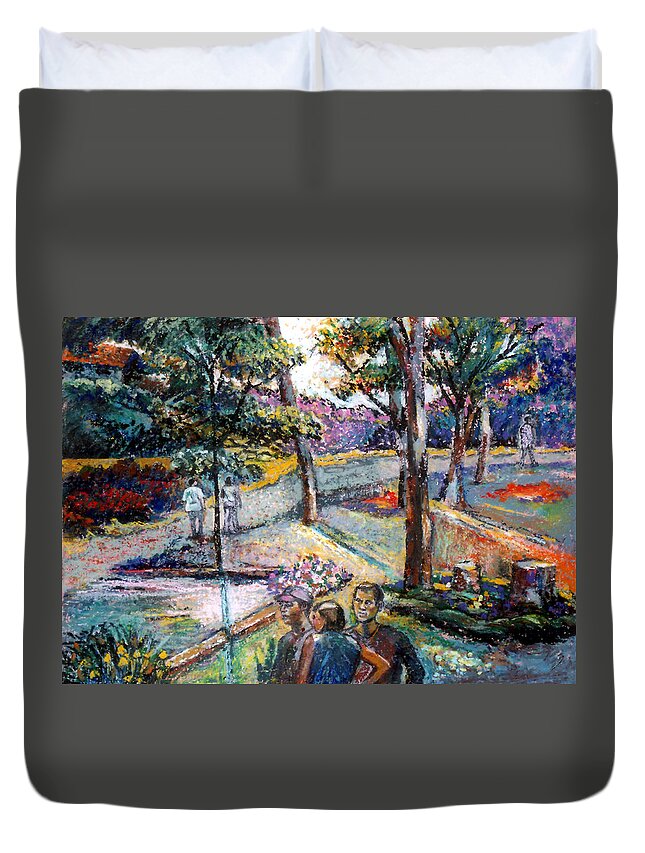 Landscape Duvet Cover featuring the pastel People In Landscape by Stan Esson