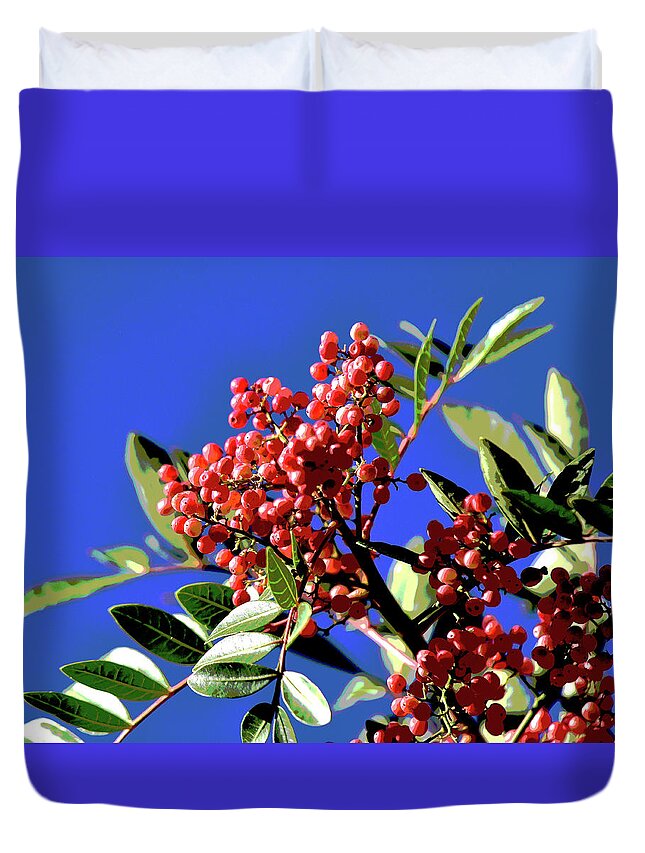 Linda Brody Duvet Cover featuring the photograph Pepper Tree Leaves With Berries 2 Abstract by Linda Brody