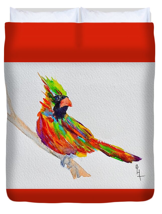 Cardinal Duvet Cover featuring the painting Perch With Pride by Beverley Harper Tinsley