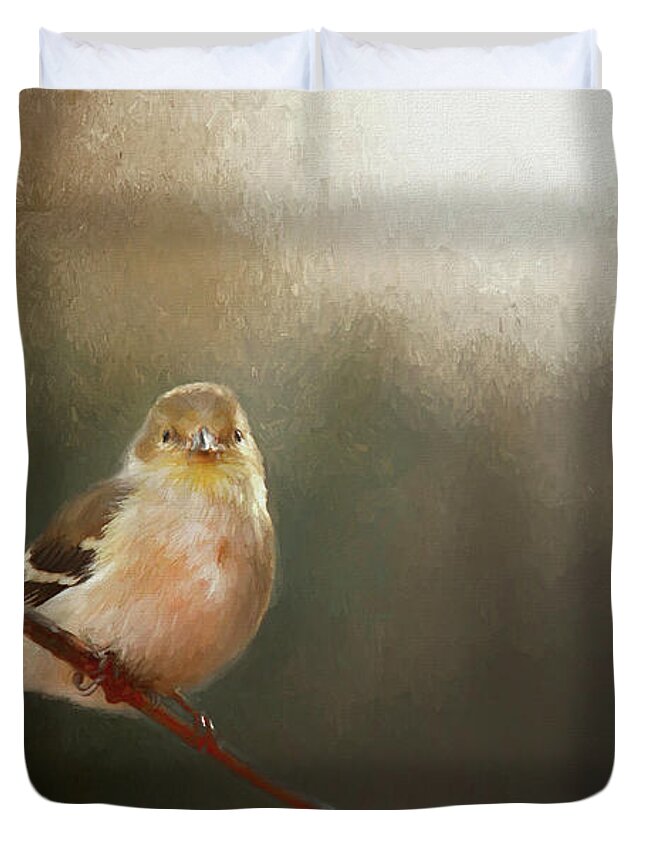 Perched Goldfinch Duvet Cover featuring the photograph Perched Goldfinch by Darren Fisher