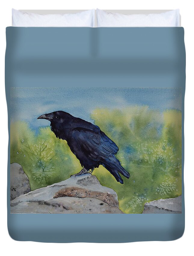 Raven Duvet Cover featuring the painting Perched on the Rim by Celene Terry