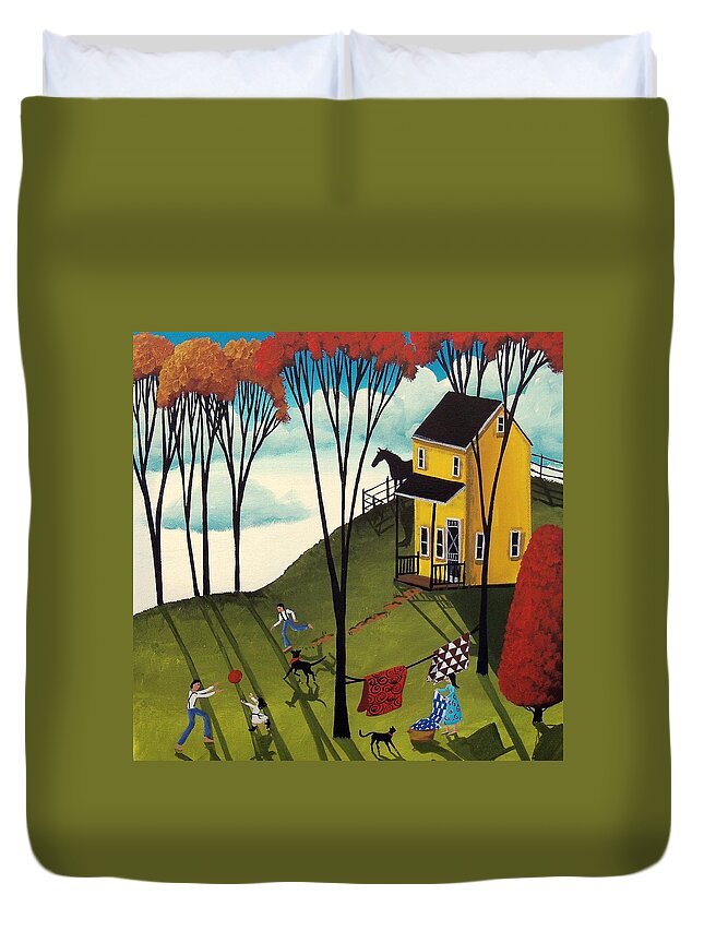 Art Duvet Cover featuring the painting Perfect Day - folk art country landscape by Debbie Criswell