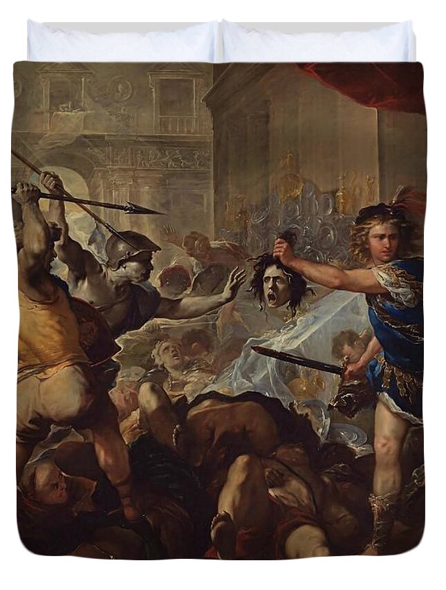 Luca Giordano Duvet Cover featuring the painting Perseus fights Phineas by Luca Giordano