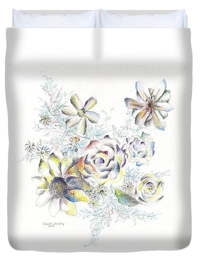Floral Duvet Cover featuring the drawing Petals on the Porch by Joseph A Langley