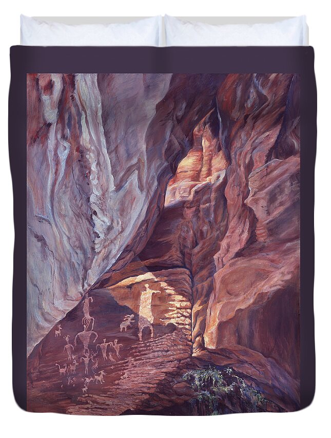Landscape Duvet Cover featuring the painting Petroglyph Circus by Page Holland