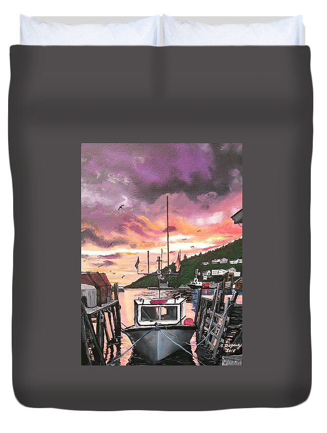Sunrise Petty Harbour Duvet Cover featuring the painting Petty Harbour by Sharon Duguay
