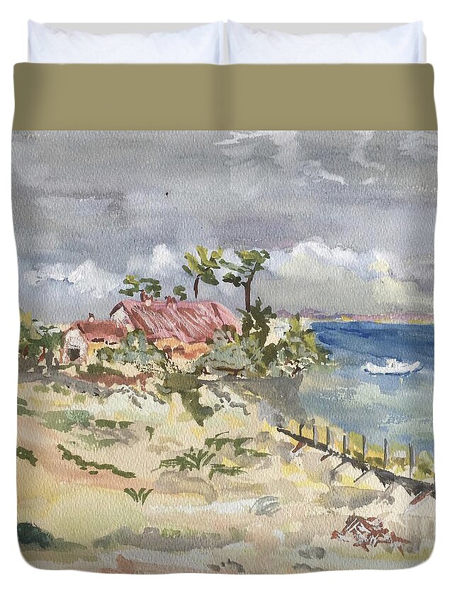Plage Duvet Cover featuring the painting Phare du Cap Ferret - Hommage famille David. by Francoise Chauray
