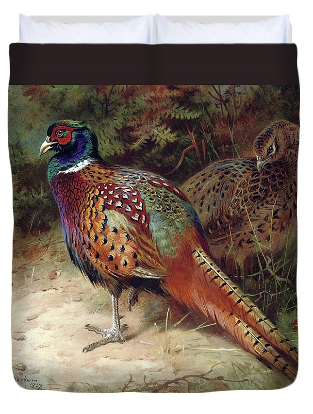 Pheasants Duvet Cover featuring the mixed media Pheasants in the Woods by Thorburn by Movie Poster Prints