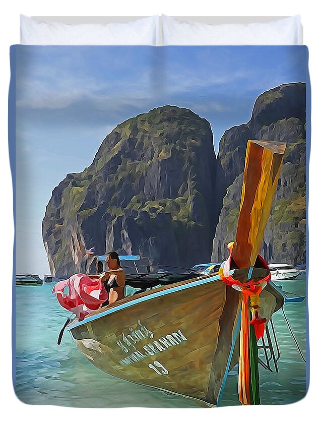 Thailand Duvet Cover featuring the photograph Phi Phi Don Long-tail boat by Dennis Cox