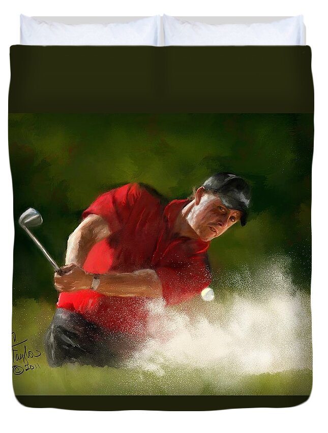 Golf Duvet Cover featuring the painting Phil Mickelson - Lefty in Action by Colleen Taylor