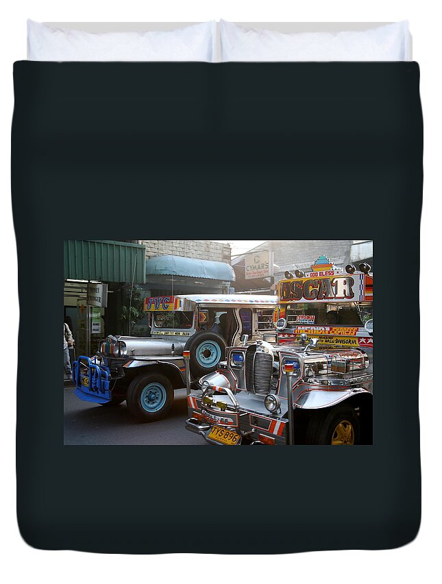 Jeepney Duvet Cover featuring the photograph Philippine jeepneys. by Christopher Rowlands