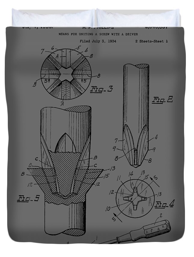 Phillips; Screwdriver; Patent; 1934; Tools; Screw; Invention; Fashion; Designer; Design; Abstract; Brand; T-shirt; Hoodies; Patent Illustration; Crafts; Blueprint; Collectable; Vintage Patent; Nostalgia; Technical Illustration; Patent Drawing; Exclusive Rights; Rights; Drawing; Illustration; Presentation; Vintage; Gift; Diagram; Antique; Patentee; Men's; Men; Women; Women's; Boy; Girl; Patent Application; Home Decor; Grunge; Distress; Parchment; Old; Graphic; Chris Smith Duvet Cover featuring the photograph Phillips Screwdriver Patent 1934 by Chris Smith