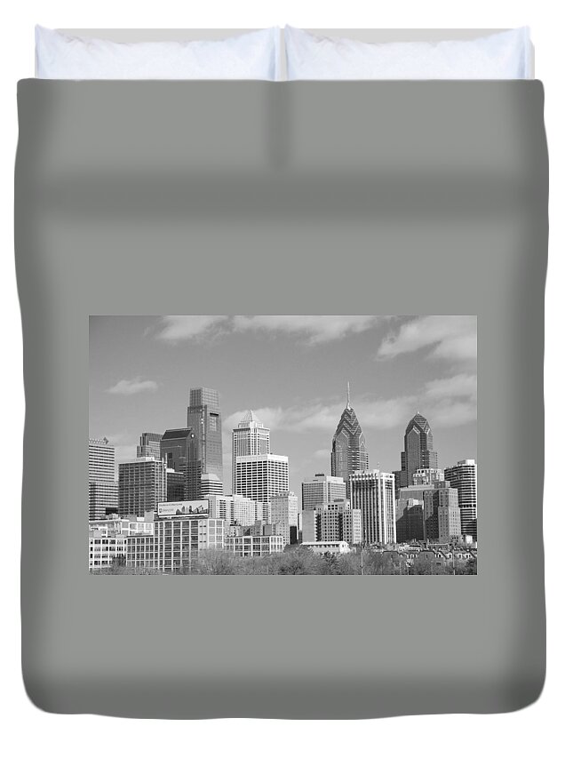 Philadelphia Duvet Cover featuring the photograph Philly skyscrapers black and white by Jennifer Ancker