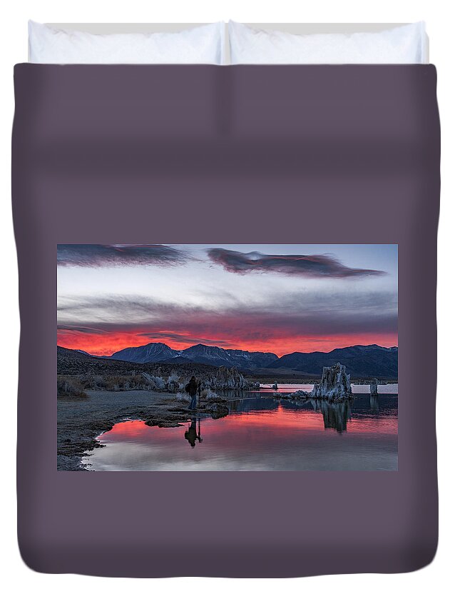 Red Duvet Cover featuring the photograph Photographer at Mono Lake by Cat Connor