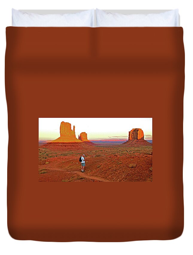 Photographer At West And East Mittens And Merrick Butte In Monument Valley Navajo Tribal Park Duvet Cover featuring the photograph West and East Mittens and Merrick Butte in Monument Valley Navajo Tribal Park, Arizona #1 by Ruth Hager